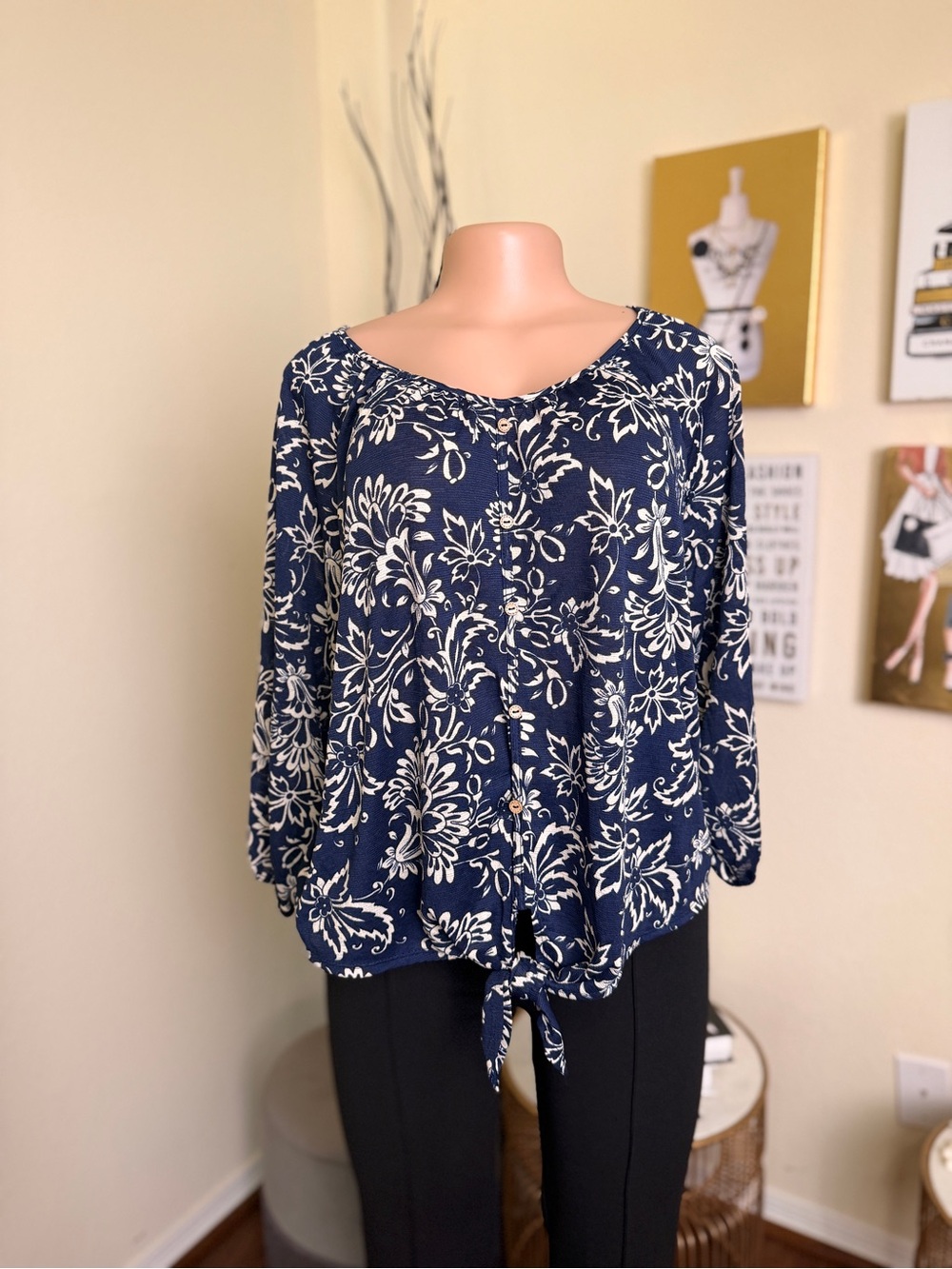 PerSeption Concept Navy and White Floral Tie-Front Blouse